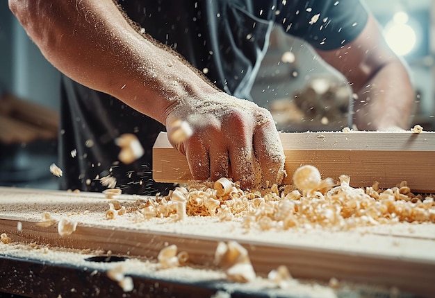 Photo portrait of young happy carpenter male man while working in his shop