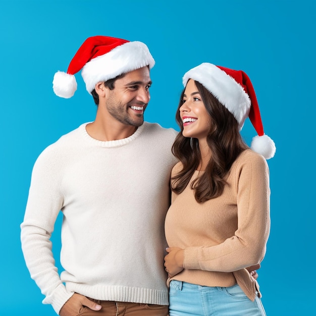 Photo portrait of in young happy couple wearing christmas hats and christmas clothes dresses