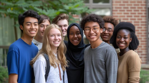 カメラに向かって微笑む若い幸せな多様なグループの大学生の写真肖像画