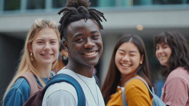 Photo portrait of young happy diverse group college students smiling at the camera