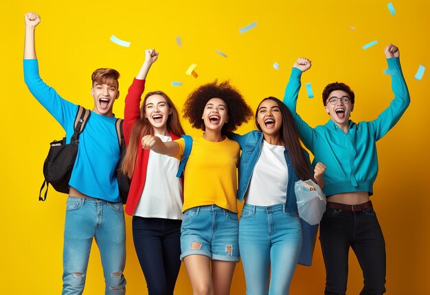 Photo portrait of young happy diverse group college students smiling at the camera