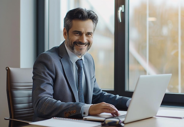 Photo portrait of young happy male professional businessman while working in his office