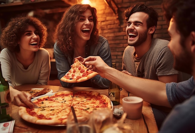 Photo portrait of young hungry girl friends eating pizza together