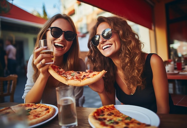 Photo portrait of young hungry girl friends eating pizza together