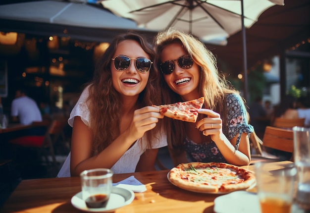 Photo portrait of young hungry girl friends eating pizza together