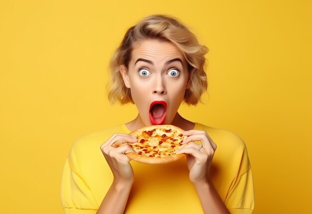 Photo portrait of young hungry girl friends eating pizza together