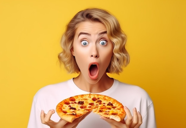 Photo portrait of young hungry girl friends eating pizza together