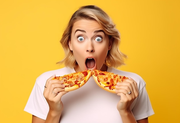 Photo portrait of young hungry girl friends eating pizza together