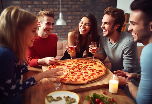 Photo portrait of young hungry girl friends eating pizza together