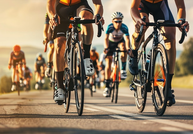 젊은 남성 자전거 타는 그룹이 자전거 경주를 하고 있는 사진 초상화