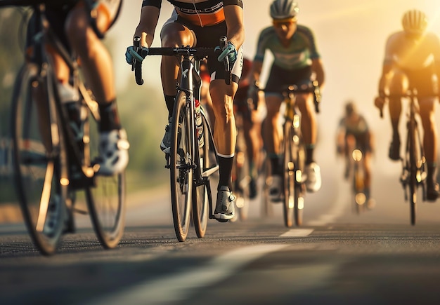 Photo portrait of a young male group of bicyclists are riding bicycle race