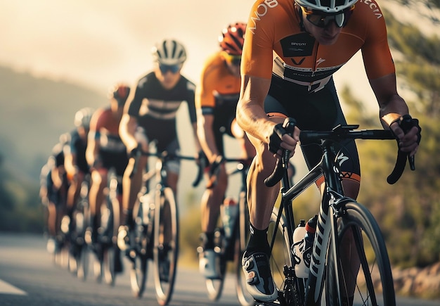 Photo portrait of a young male group of bicyclists are riding bicycle race