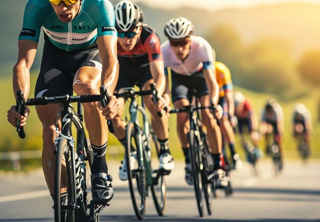 Photo photo portrait of a young male group of bicyclists are riding bicycle race