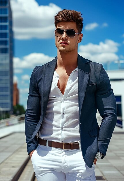 Photo portrait of young male model wearing sunglasses with business and casual suits