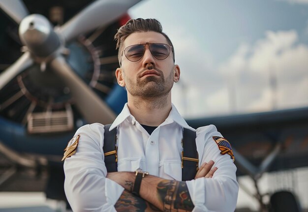 Photo portrait of young male pilot in uniform and sunglasses