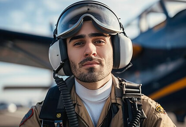 Foto ritratto fotografico di un giovane pilota in uniforme e occhiali da sole