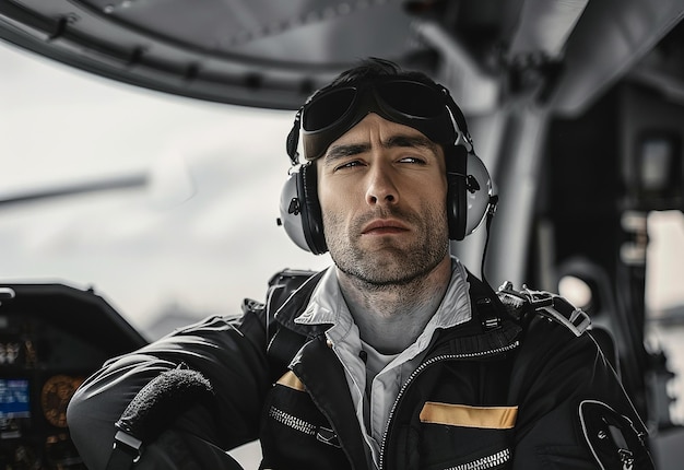 Photo portrait of young male pilot in uniform and sunglasses