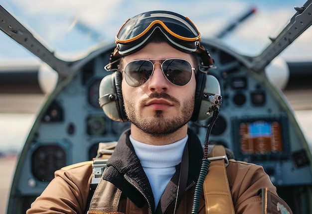 Foto ritratto fotografico di un giovane pilota in uniforme e occhiali da sole