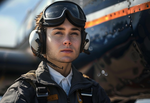 Photo photo portrait of young male pilot in uniform and sunglasses