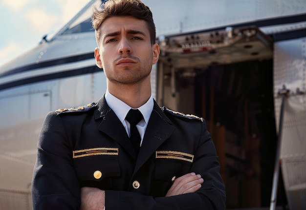 Photo portrait of young male pilot in uniform and sunglasses