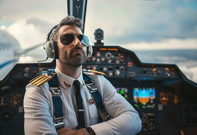 Foto ritratto fotografico di un giovane pilota in uniforme e occhiali da sole