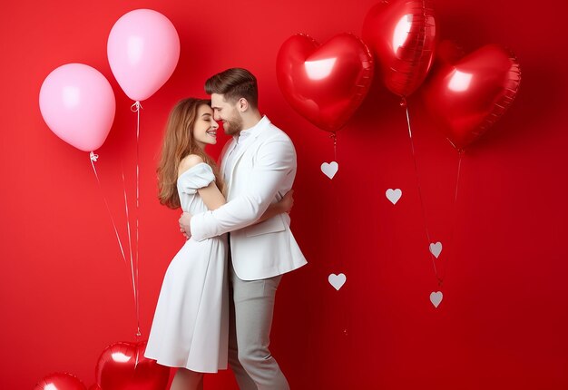 Photo portrait of young man and woman couple in love and smile