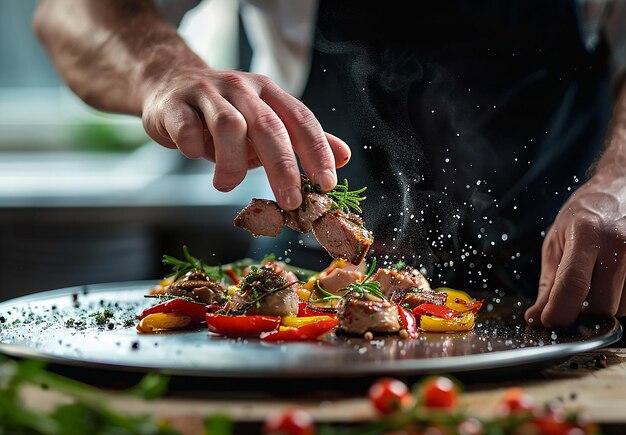 Photo photo portrait of young master chef cook man garnishing preparing dressing serving food plate on