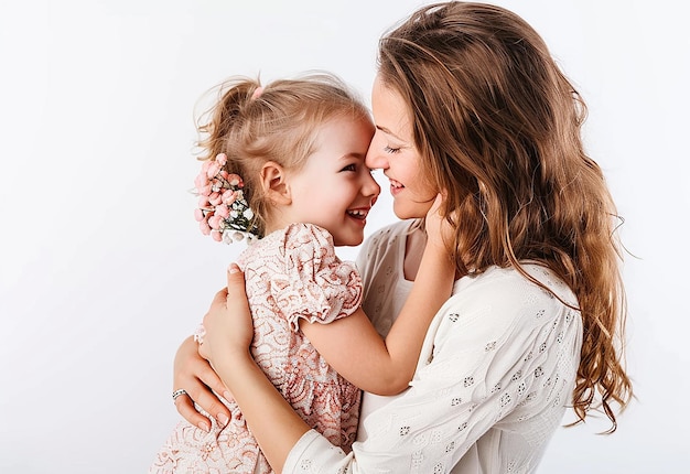 Foto ritratto fotografico di una giovane madre che tiene in braccio il suo bambino con un sorriso adorabile