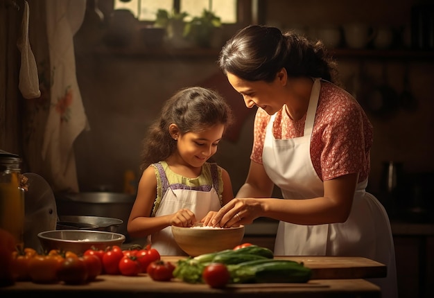 Photo portrait of young mother and her little daughter cooking together in the kitchen