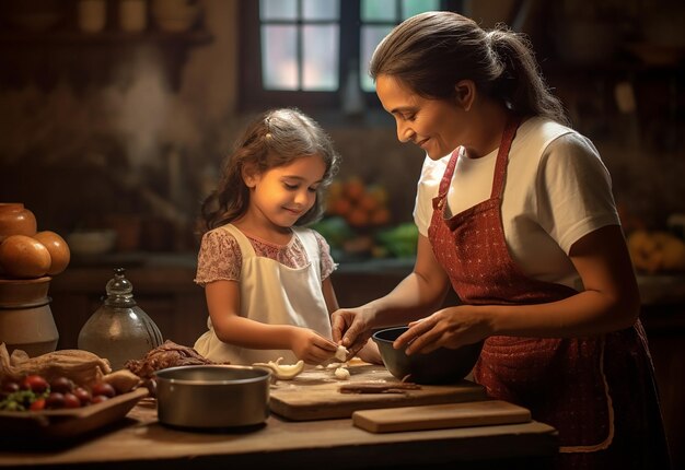 Фотопортрет молодой матери и ее маленькой дочери, готовящих вместе на кухне