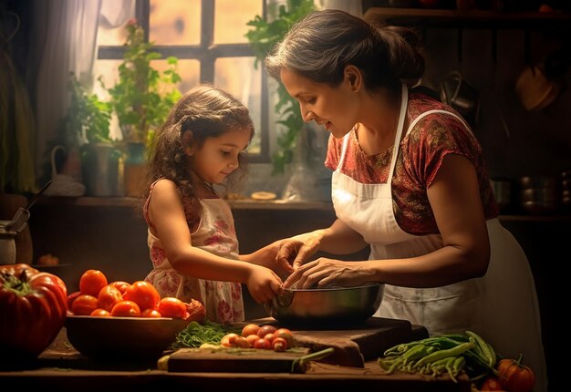 Photo portrait of young mother and her little daughter cooking together in the kitchen