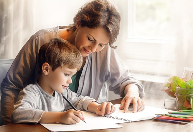 Photo portrait of young mother and her little kid drawing learning