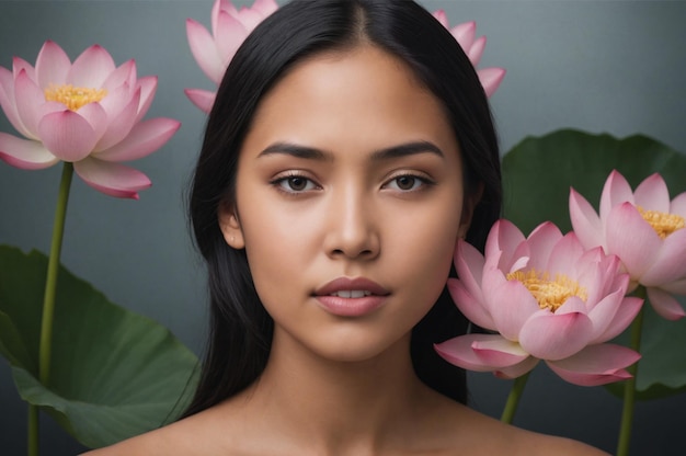A photo portrait of a young pacific islander woman with tranquil lotus flowers