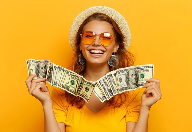 Photo photo portrait of young people holding cash money with happy and positive smiling