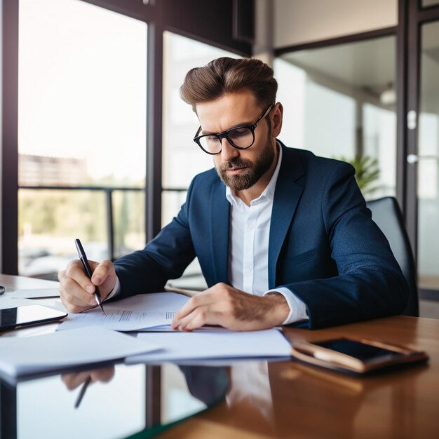 Photo Portrait of young professional businessman office boss working with laptop