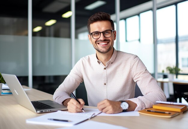 Ritratto di un giovane imprenditore professionista capo ufficio che lavora con un laptop