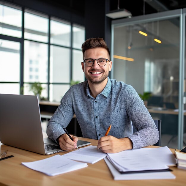 Foto ritratto di un giovane imprenditore professionista capo ufficio che lavora con un laptop