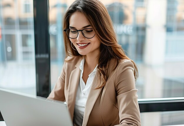 Photo portrait of young smiling business people working with laptop computer