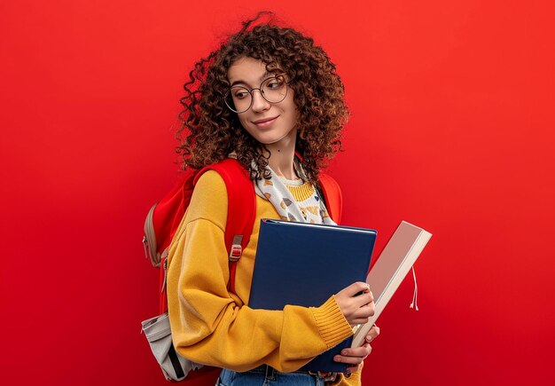 Foto ritratto fotografico di una giovane studentessa universitaria sorridente che tiene libri con uno zaino