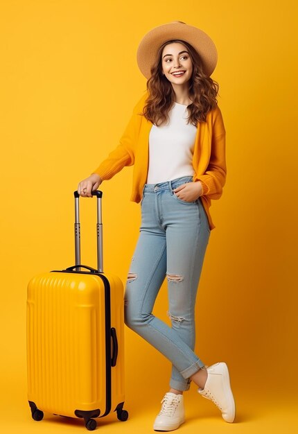 Photo portrait of young travel girl woman carries suitcase travelling bag on yellow background