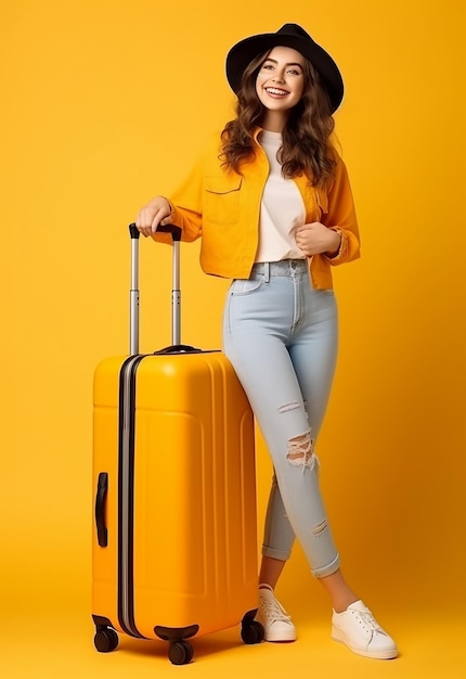 Photo portrait of young travel girl woman carries suitcase travelling bag on yellow background