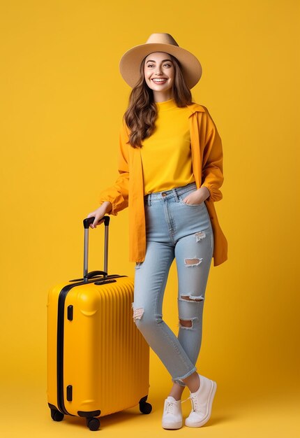 Photo portrait of young travel girl woman carries suitcase travelling bag on yellow background