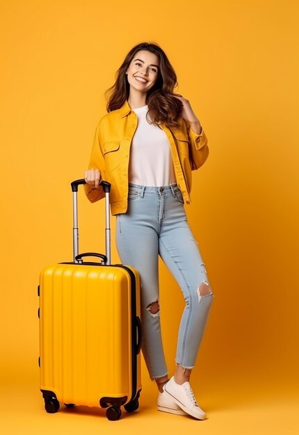 Photo portrait of young travel girl woman carries suitcase travelling bag on yellow background