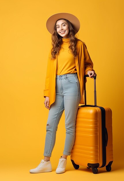 Photo portrait of young travel girl woman carries suitcase travelling bag on yellow background