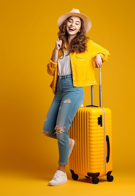 Photo portrait of young travel girl woman carries suitcase travelling bag on yellow background