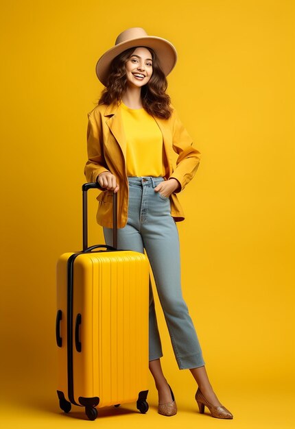 Photo portrait of young travel girl woman carries suitcase travelling bag on yellow background