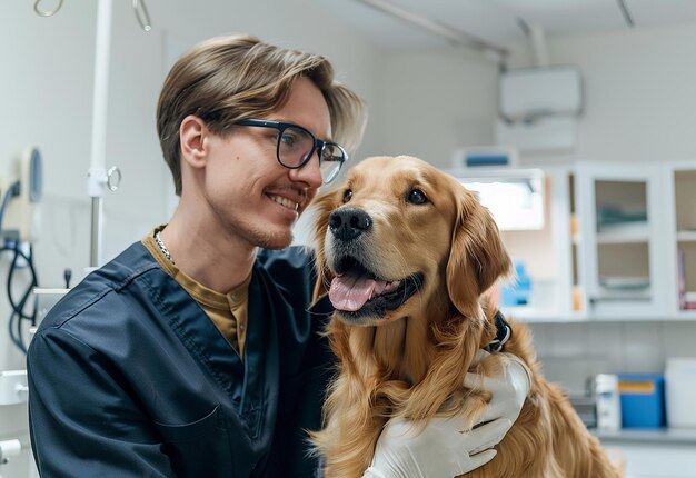 可愛い犬と猫とペットをチェックする若い医の写真肖像画