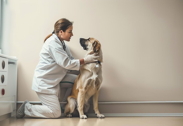 可愛い犬と猫とペットをチェックする若い医の写真肖像画