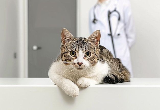 Photo portrait of young veterinarian checking cute dog cat and pets