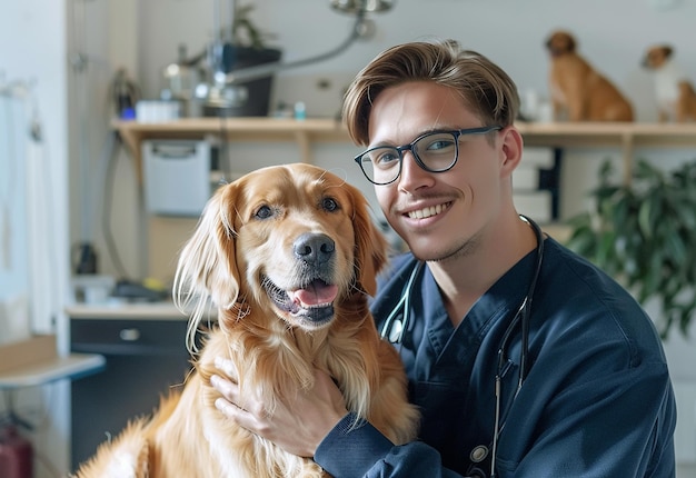 Photo portrait of young veterinarian checking cute dog cat and pets